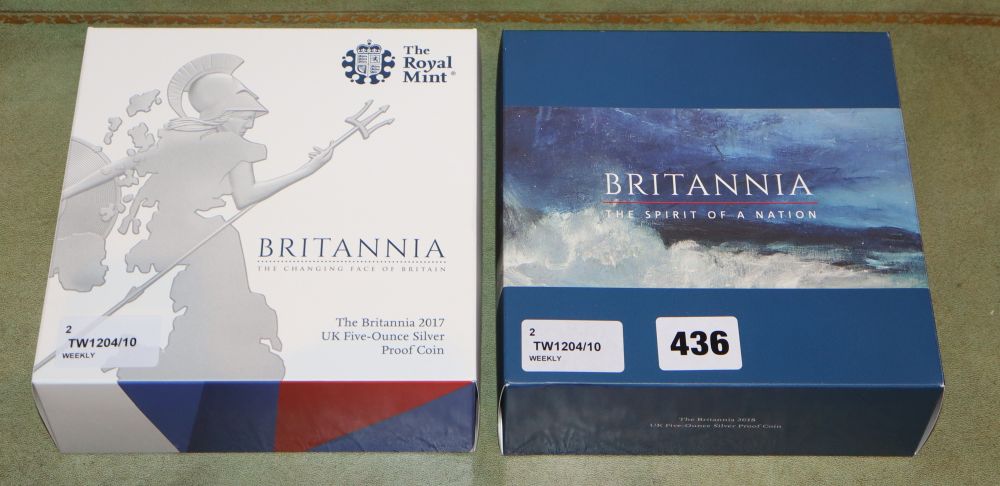 Two Royal Mint Britannia UK Five-Ounce Silver Proof Coins,